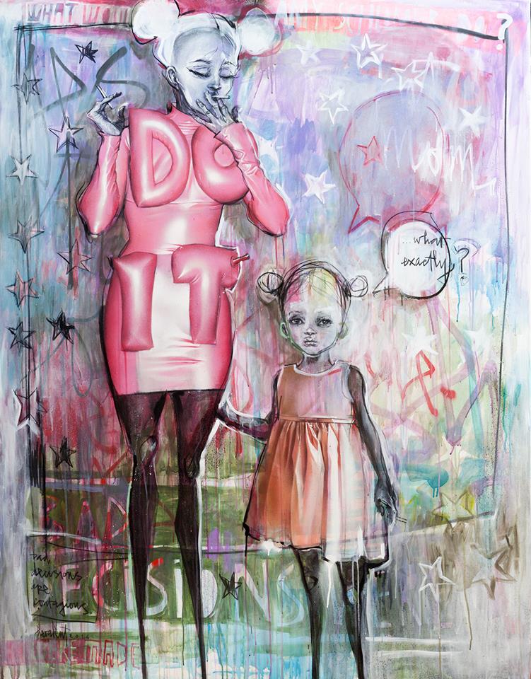 'Do It! (Bad Decisions Are Contagious)' Spraypaint + acrylic paint + charcoal on canvas - 55 x 71